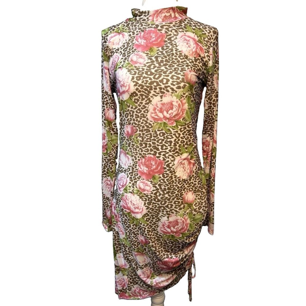 Guess Mesh Floral Print Dress with Shirred Tie on Side Size L